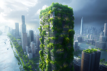 A modern skyscraper with vertical gardens and eco-friendly energy solutions