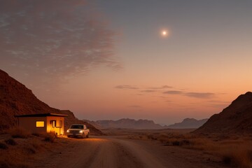 Quiet evening at a remote desert cabin with a truck parked under the starry sky
