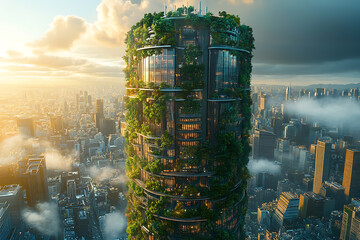A modern skyscraper with vertical gardens and eco-friendly energy solutions