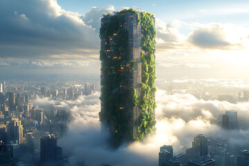 A modern skyscraper with vertical gardens and eco-friendly energy solutions