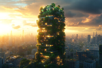 A modern skyscraper with vertical gardens and eco-friendly energy solutions