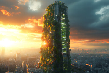 A modern skyscraper with vertical gardens and eco-friendly energy solutions