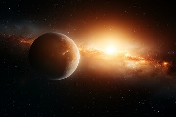 Naklejka premium Celestial view of a planet near a glowing star in a distant galaxy during a cosmic event