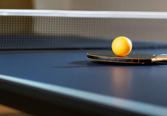 Orange ping pong ball on a paddle, ready for action near the net