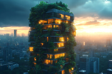 A modern skyscraper with vertical gardens and eco-friendly energy solutions