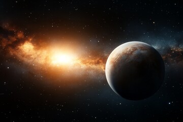 Obraz premium Vibrant cosmic landscape featuring a planet and swirling gases in a distant galaxy during a bright stellar event