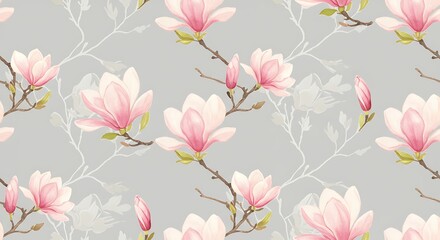 Delicate pink magnolia flowers.  Floral seamless watercolor pattern. Spring botanical.