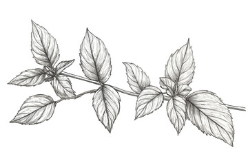 Sketch mint leaves on a stem vector illustration, perfect for natural product branding or herbal medicine concepts. PNG transparent background.