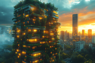 A modern skyscraper with vertical gardens and eco-friendly energy solutions