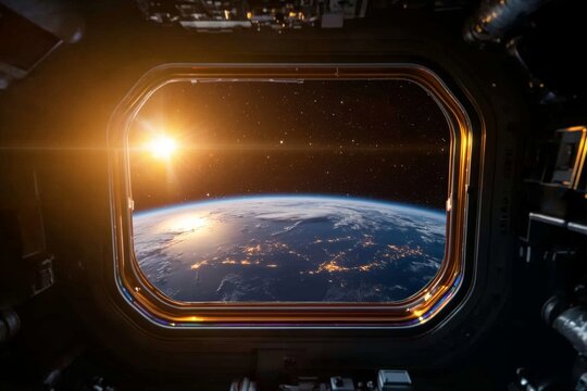 Window viewpoint of Earth from space station at sunrise highlighting the glowing cities and horizon