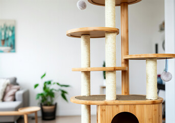 Wooden cat tower enhancing pet's well-being in a comfortable home environment