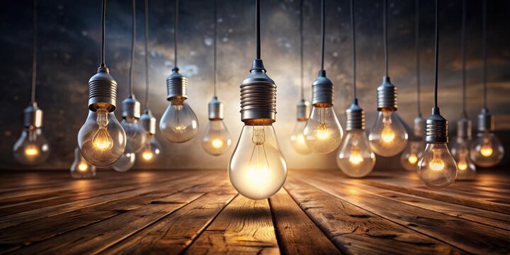 A Group of Hanging Light Bulbs Casting a Warm Glow on a Rustic Wooden Surface