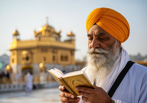 Senior sikh man reading holy book with golden temple in background