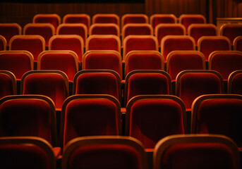Rows of empty red velvet and wooden seats in an auditorium, cinema or theater, waiting for the audience to arrive
