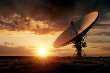Large satellite dish capturing signals during a stunning sunset in a remote location