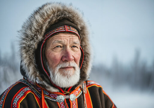 Portrait of senior sami man wearing traditional clothing in snowy lapland landscape