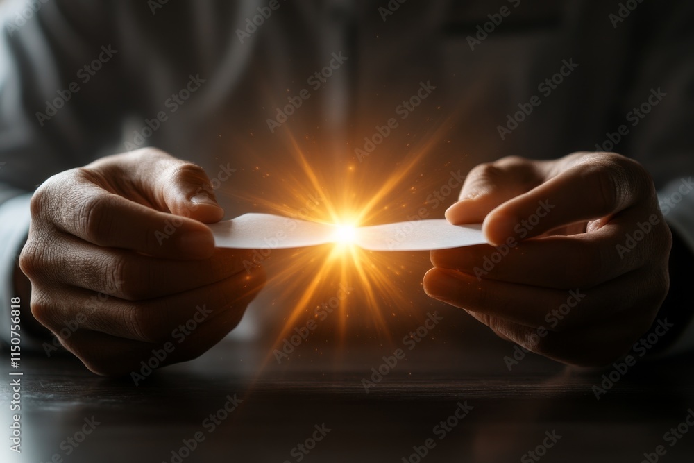 Poster hands holding a white sheet with light emanating from the center, creating a captivating visual effe