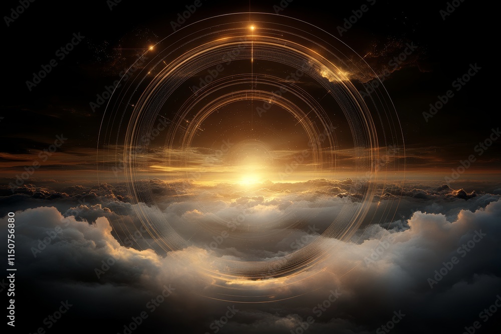 Poster sunrise breaking through clouds with celestial patterns in the sky at twilight
