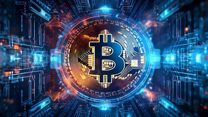 Fototapeta premium Visualization of blockchain network of digital technologies cryptocurrency. Innovative concept of bitcoin mining.
