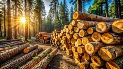 Sunbeams illuminate a forest clearing where stacks of freshly cut logs lie, their circular cross-sections a testament to the cycle of life and renewal