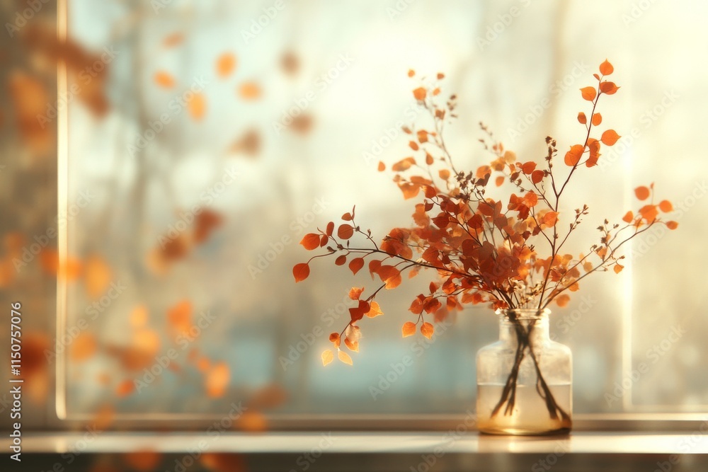 Poster bright autumn foliage in a glass vase by a window with soft sunlight filtering through
