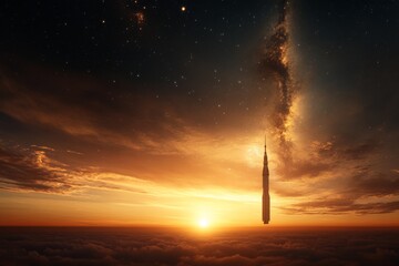 Futuristic city skyline illuminated by a stunning sunset with a towering structure reaching into the cosmos