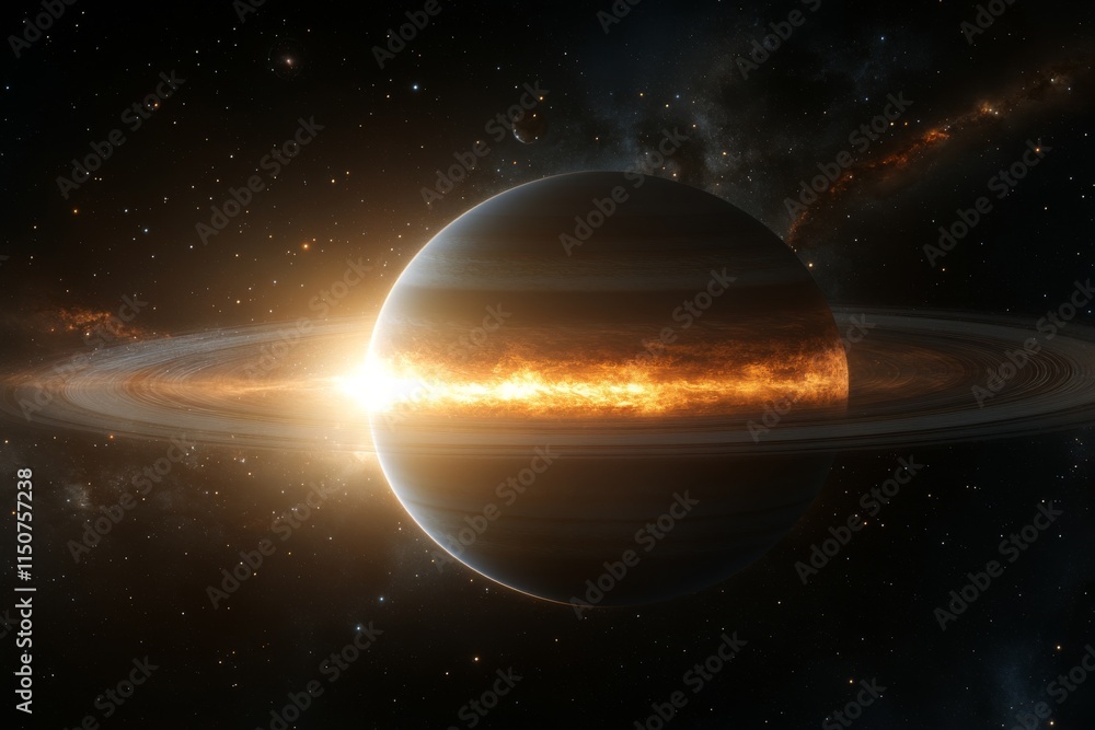 Poster stunning cosmic display of a planet with glowing rings against a backdrop of stars in deep space