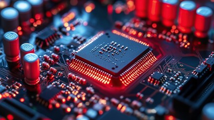 Illuminated Circuit Board: A Close-Up of  Modern Technology's Intricate Design