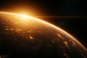 Obraz premium View of Earth from space with sunrise lighting the horizon and city lights shining across the surface