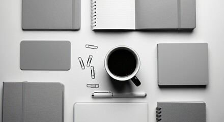 A minimalist flat lay of stationery items and a coffee cup on a white desk