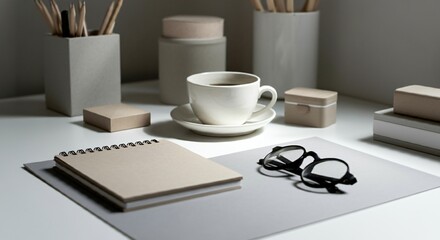 A minimalist flat lay of stationery items and a coffee cup on a white desk