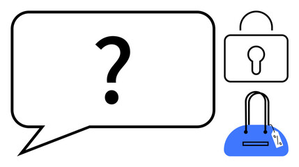 Question mark in speech bubble next to lock and handbag with tag. Ideal for security, privacy, mystery, protection, shopping, fashion, communication. Line metaphor