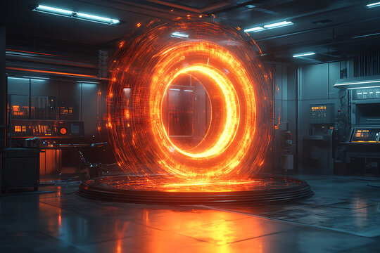 A glowing quantum computer in a futuristic lab with digital waves in the background