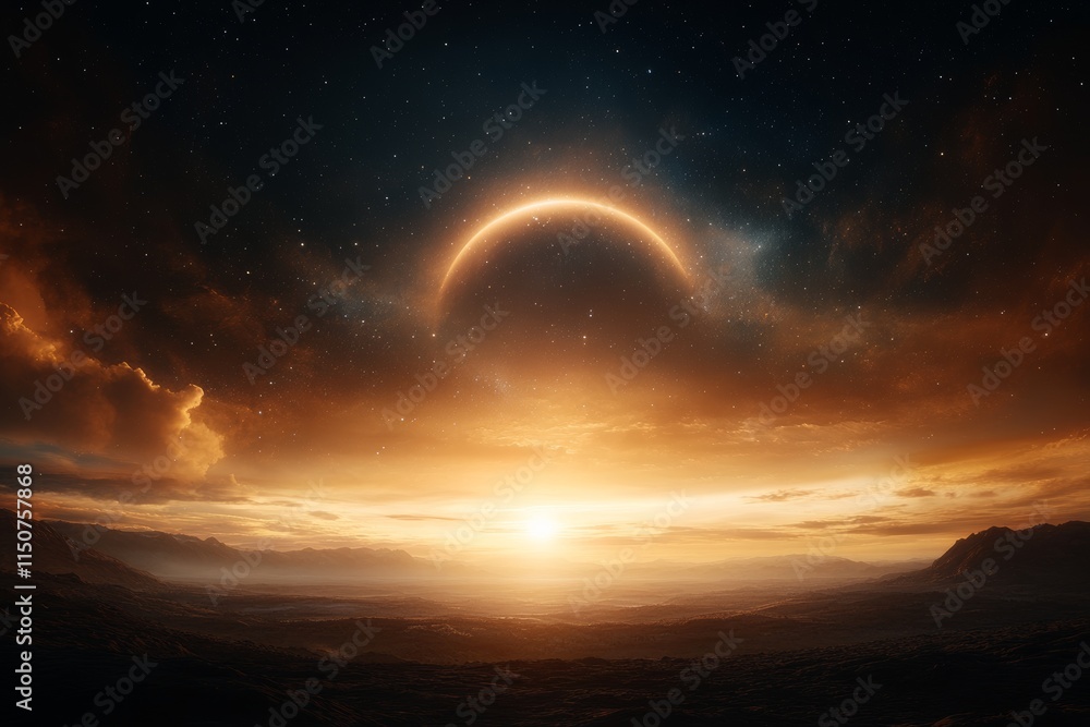 Aufkleber celestial sunset with an eclipse over a distant mountain range and a colorful sky illuminated by sta