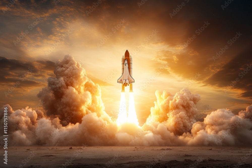 Poster rocket launch at dawn creating dramatic clouds and fiery trails in the sky