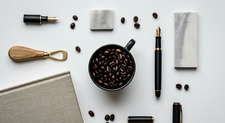 A minimalist flat lay of stationery items and a coffee cup on a white desk