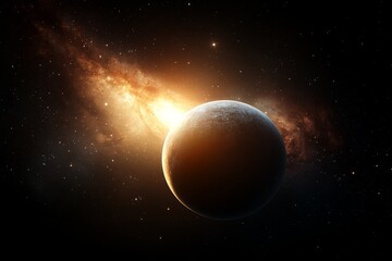 Obraz premium Celestial event featuring a planet illuminated by a distant galaxy's radiance in deep space