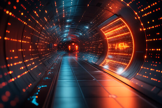 A glowing quantum computer in a futuristic lab with digital waves in the background