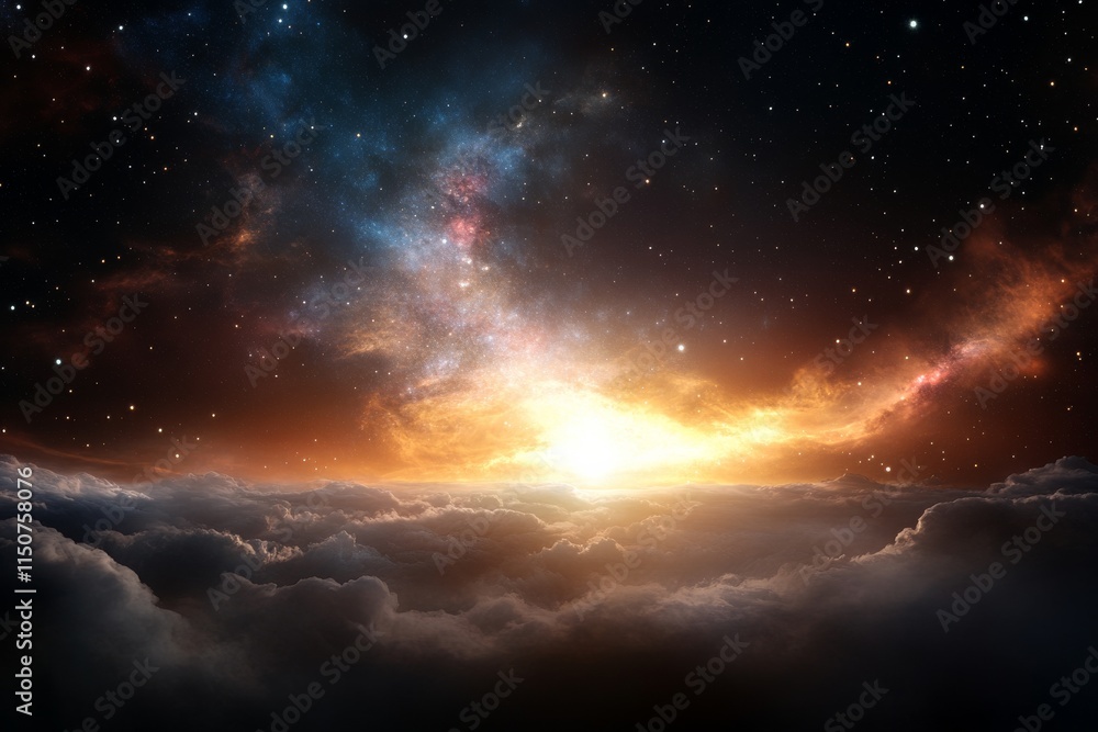 Poster vibrant cosmic sunset over swirling clouds creates a mesmerizing display of colors in the vast unive