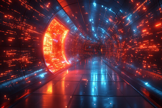 A glowing quantum computer in a futuristic lab with digital waves in the background