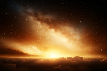 Sunrise over a starry sky with vibrant colors illuminating the clouds