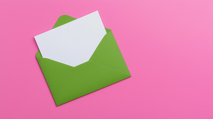 Green envelope and blank letter on a pink background