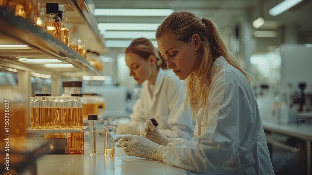Poster two scientists working in a laboratory with samples and equipment.