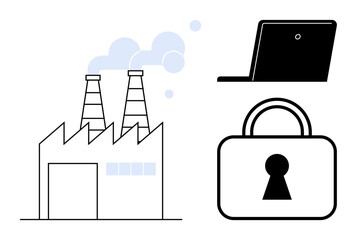 Factory with smokestacks emitting smoke, a laptop, and a lock icon with keyhole. Ideal for themes of industry, technology, cybersecurity, data protection, privacy manufacturing and safety. Line