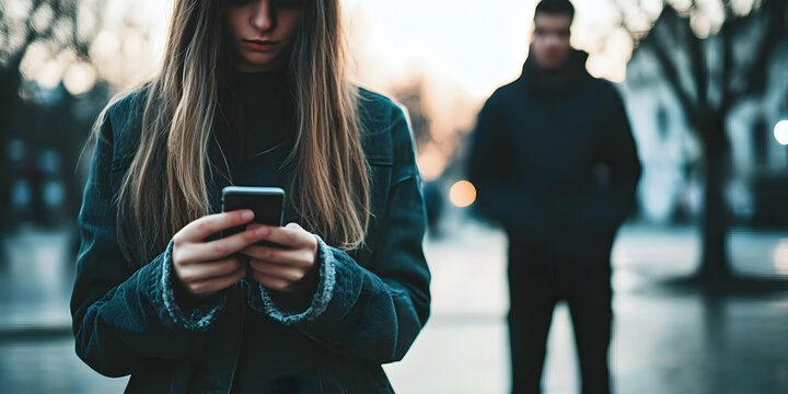 Man steals phone from girl on the street. Man standing behind girl's back. The girl is looking at the phone. The concept of stealing.