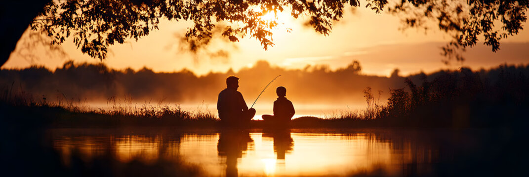 Father and son fishing together on the lake in the summer. Father teaches his son to fish on the lake against the background of sunset. The concept of fishing.