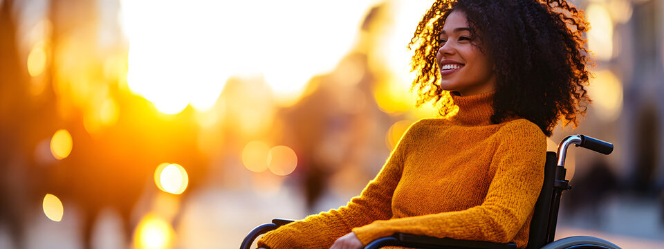 A smiling young African-American female student in a wheelchair is full of positivity. Schoolgirl in wheelchair positive attitude. The concept of learning for people with disabilities. - Powered by Adobe
