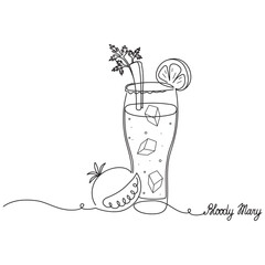 Bloody Mary cocktail drawn in one line. Sketch and handwritten text. Creative vector illustration.
