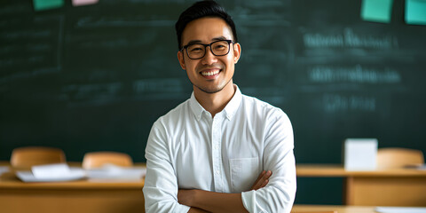 A smiling Asian male teacher in a classroom with a blackboard in the background. Teacher concept.