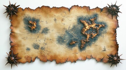 Aged map, embossed terrain, ornate corner mounts.